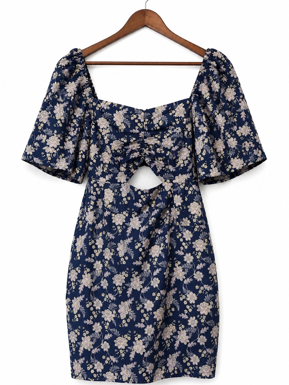 Boden Navy Floral Puff-Sleeve Midi Dress with Cutout